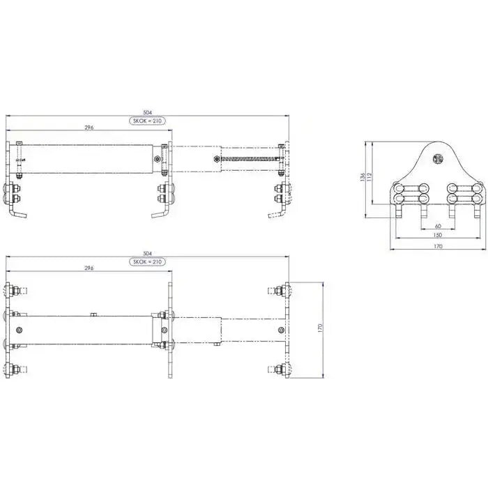 Justerbar hjulblokk i metall, teknisk tegning med mål og flere vinkler, fokus på bolter og hull.