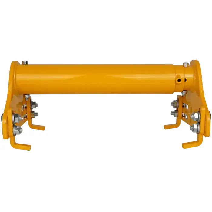 Justerbar hjulblokk i gult metall, sett forfra med synlige bolter, beslag og skinnende overflate.