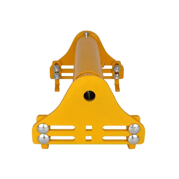 Justerbar hjulblokk i gul metall, frontvisning med sølvfargede bolter og tydelige justeringsspor på platen.