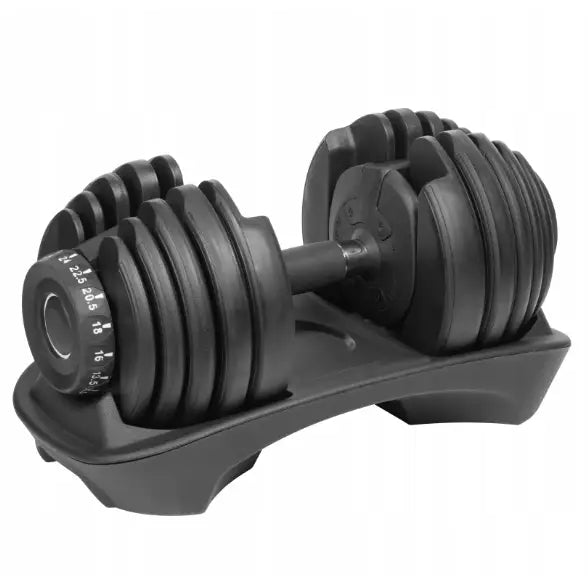 Justerbar manual 24 kg fra Rebel Active, skrå forfra med synlige vektplater, tallskala og holder.