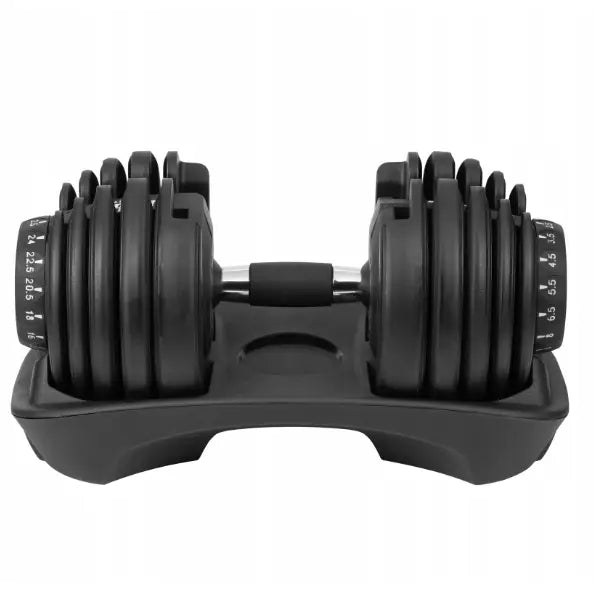 Justerbar manual 24 kg fra Rebel Active, frontvisning med markerte vektskiver i stativ for enkel vektvalg.