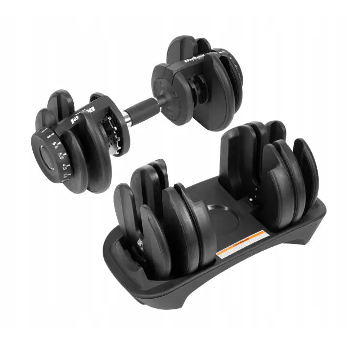 Justerbar manual 24 kg fra Rebel Active, skrå oversiktsvinkel med tydelige vektskiver og tallmarkeringer i holder.