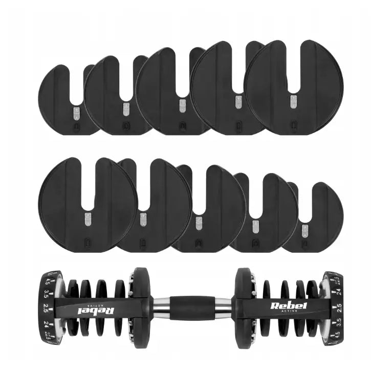 Justerbar manual 24 kg Rebel Active, toppvisning med vektplater i to rekker og tydelig håndtakslogo.