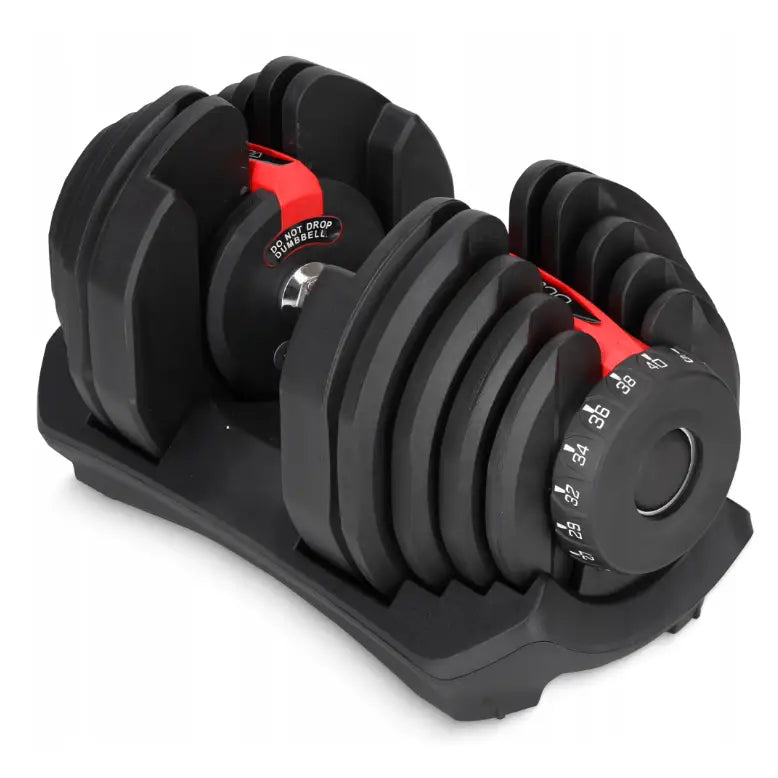 Justerbar manual 40 kg fra 4Fizjo, skrå frontvisning med røde detaljer og synlige vektmarkeringer.