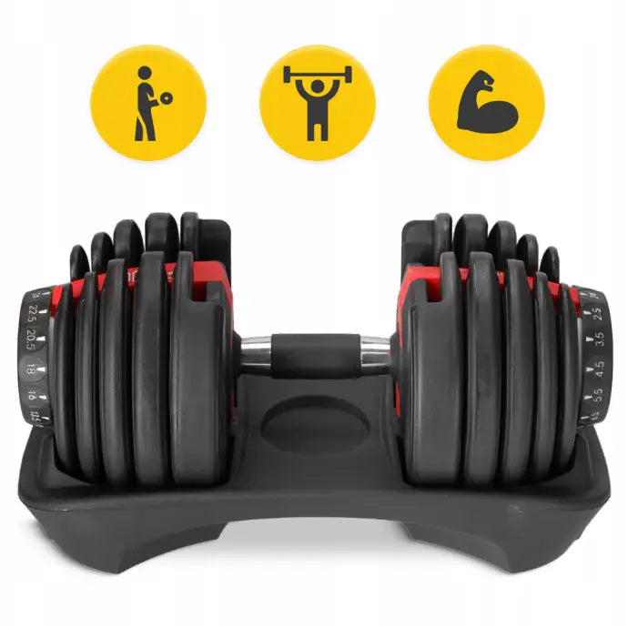 Justerbar manual 40 kg fra 4Fizjo, frontvisning i stativ med røde detaljer og gule treningsikoner øverst.
