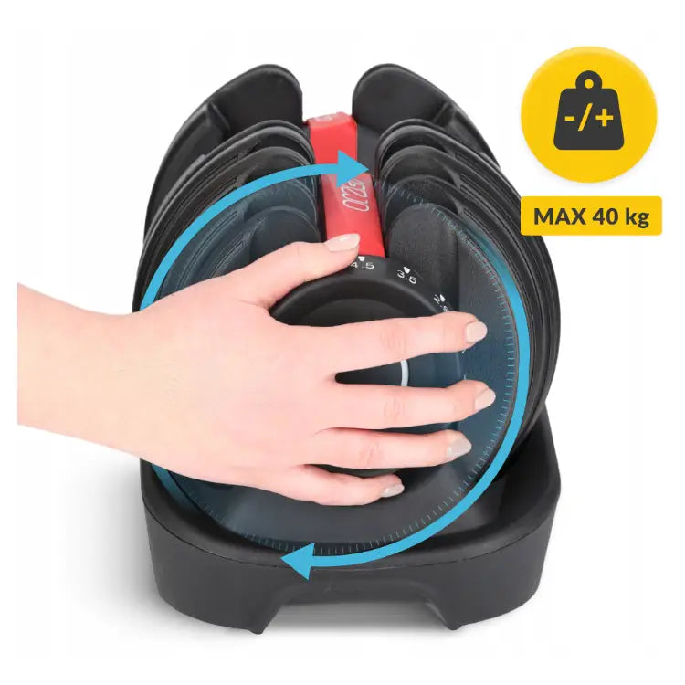 Justerbar manual 40 kg fra 4Fizjo, hånd som endrer vektinnstilling, sett ovenfra med blå pil og gult vektikon.