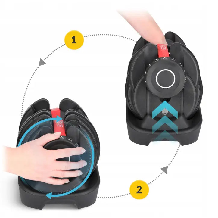Justerbar manual 40 kg fra 4Fizjo i stativ, nærbilde av blå piler og nummermarkering for vektjustering.