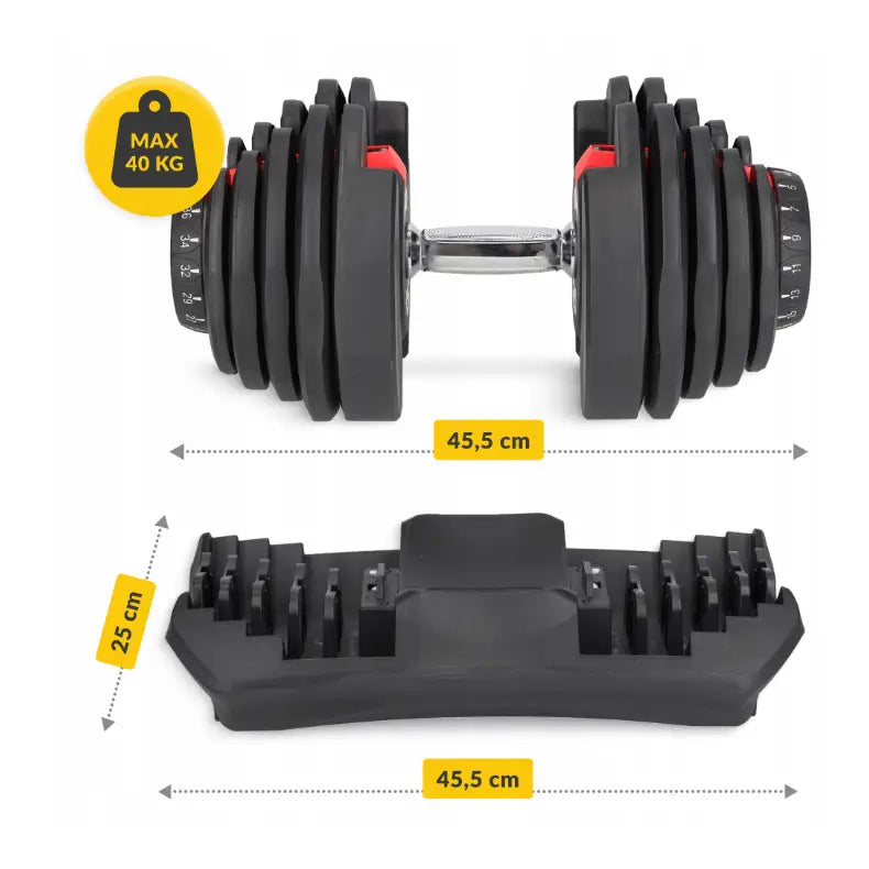 Justerbar manual 40 kg fra 4Fizjo, sidevisning med stativ, tydelige mål og vektmarkeringer.