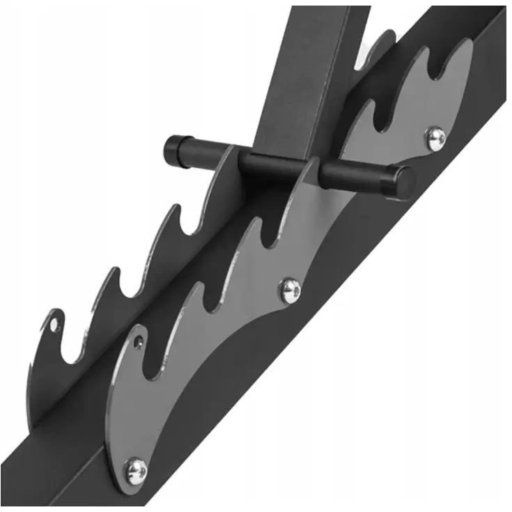 Justerbar treningsbenk Zipro Tempo, nærbilde av metallmekanisme med taggete hakk og sorte skruer.