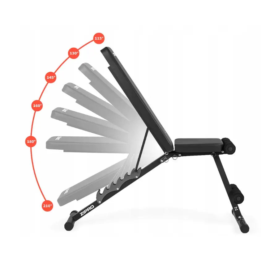Justerbar treningsbenk Zipro Tempo, sideprofil som viser ryggstøttens vinkeljustering og polstrede seter.