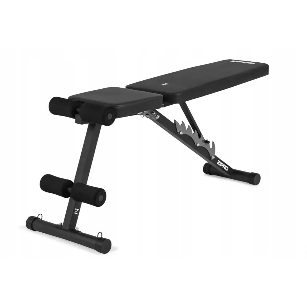 Justerbar treningsbenk Zipro Tempo, sidevisning med polstrede ruller, ryggstøtte og synlig Zipro-logo.