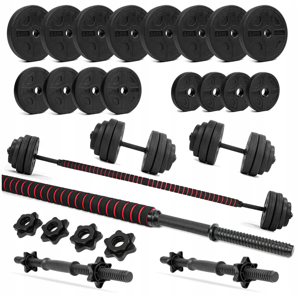 Justerbart vektsett 2-i-1, svarte vektskiver, manualstenger, lang stang med rød polstring og lukkemuttere.