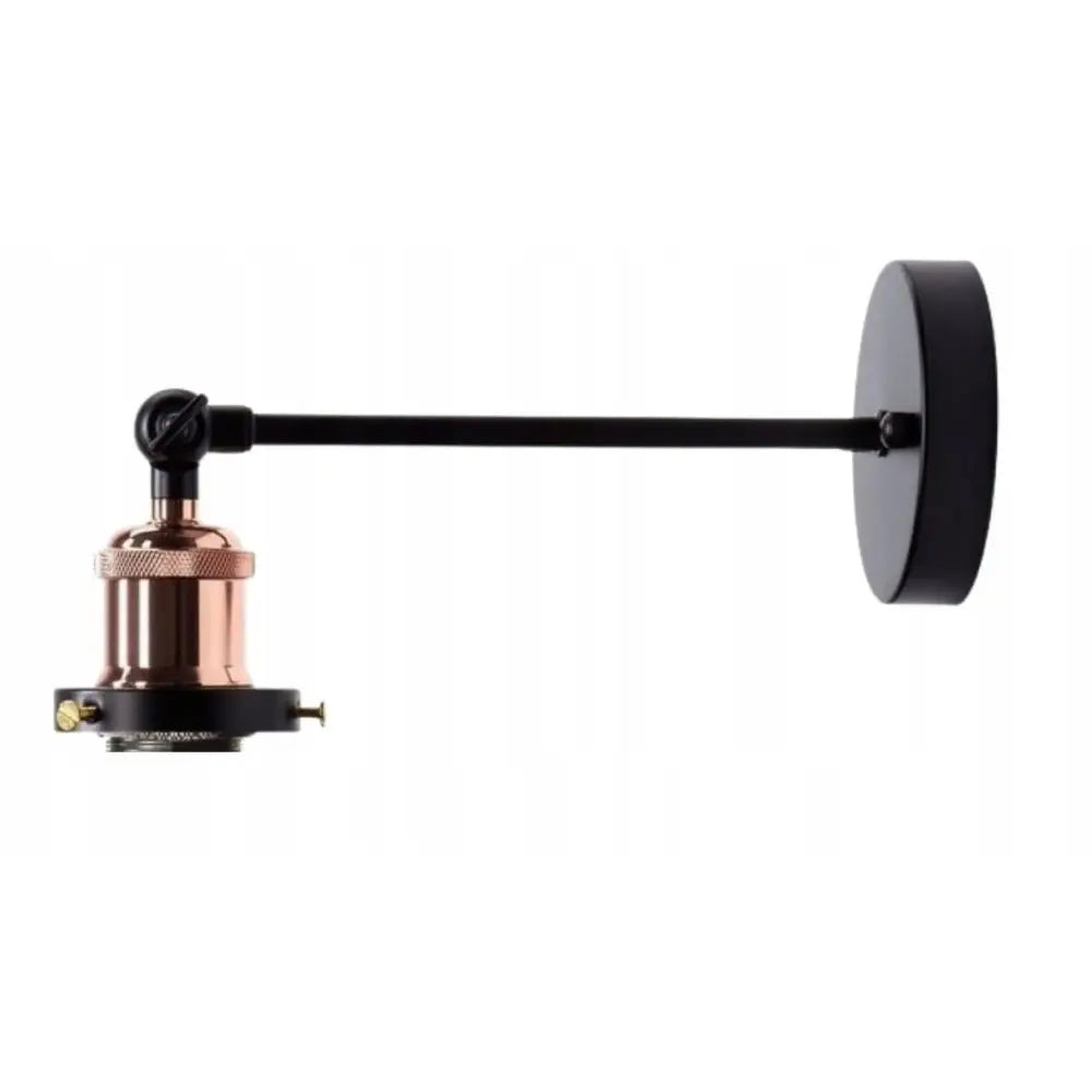 Justerbar vegglampe i sort metall med kobberfarget sokkel, sidevisning av minimalistisk industridesign uten skjerm.