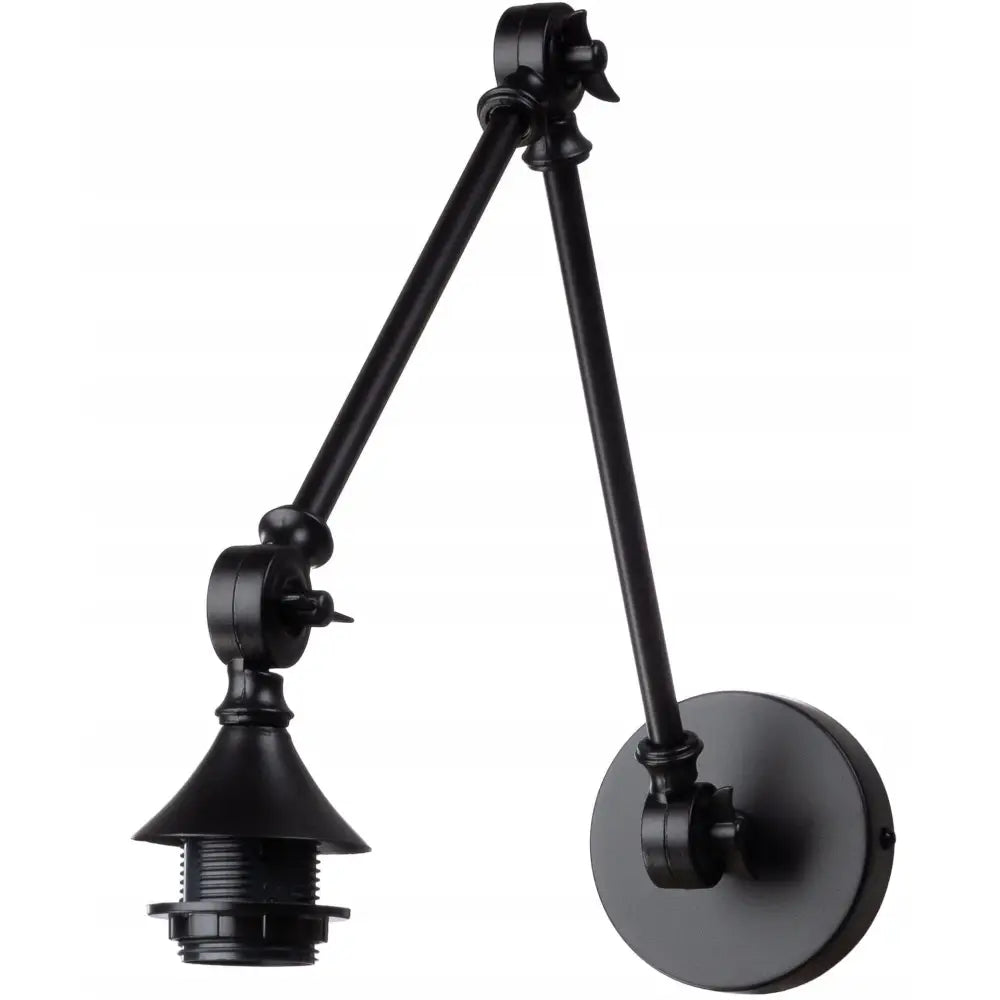 Justerbar vegglampe i svart metall med industrielt design, sidevisning av vinkelbar arm og rund veggplate.
