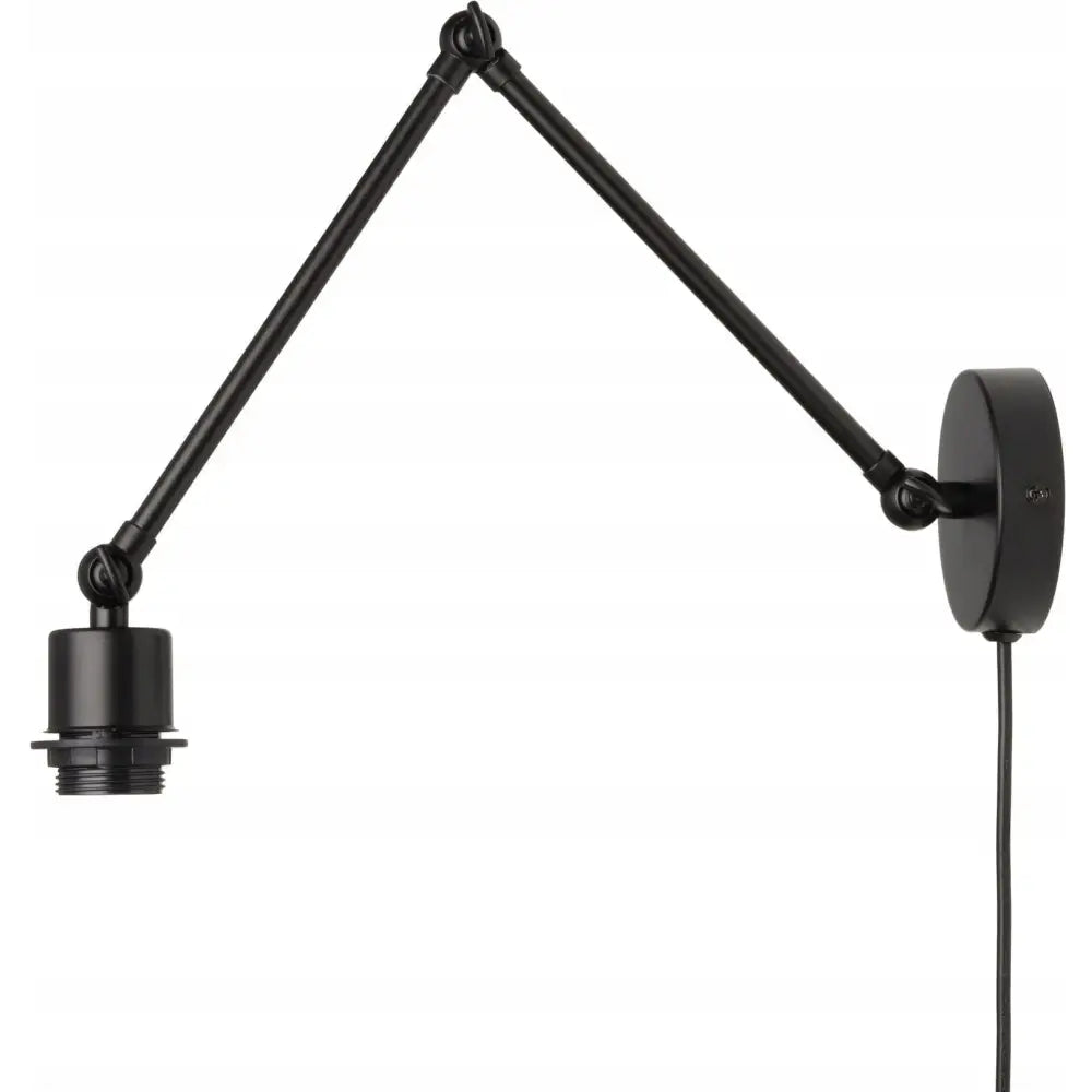 Justerbar vegglampe i svart metall med synlig ledning, sidevisning av armens leddede skjøter.