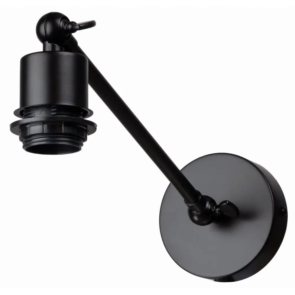 Justérbar vegglampe i svart metall med rund veggplate og sidevisning av den minimalistiske armen og sokkelen.
