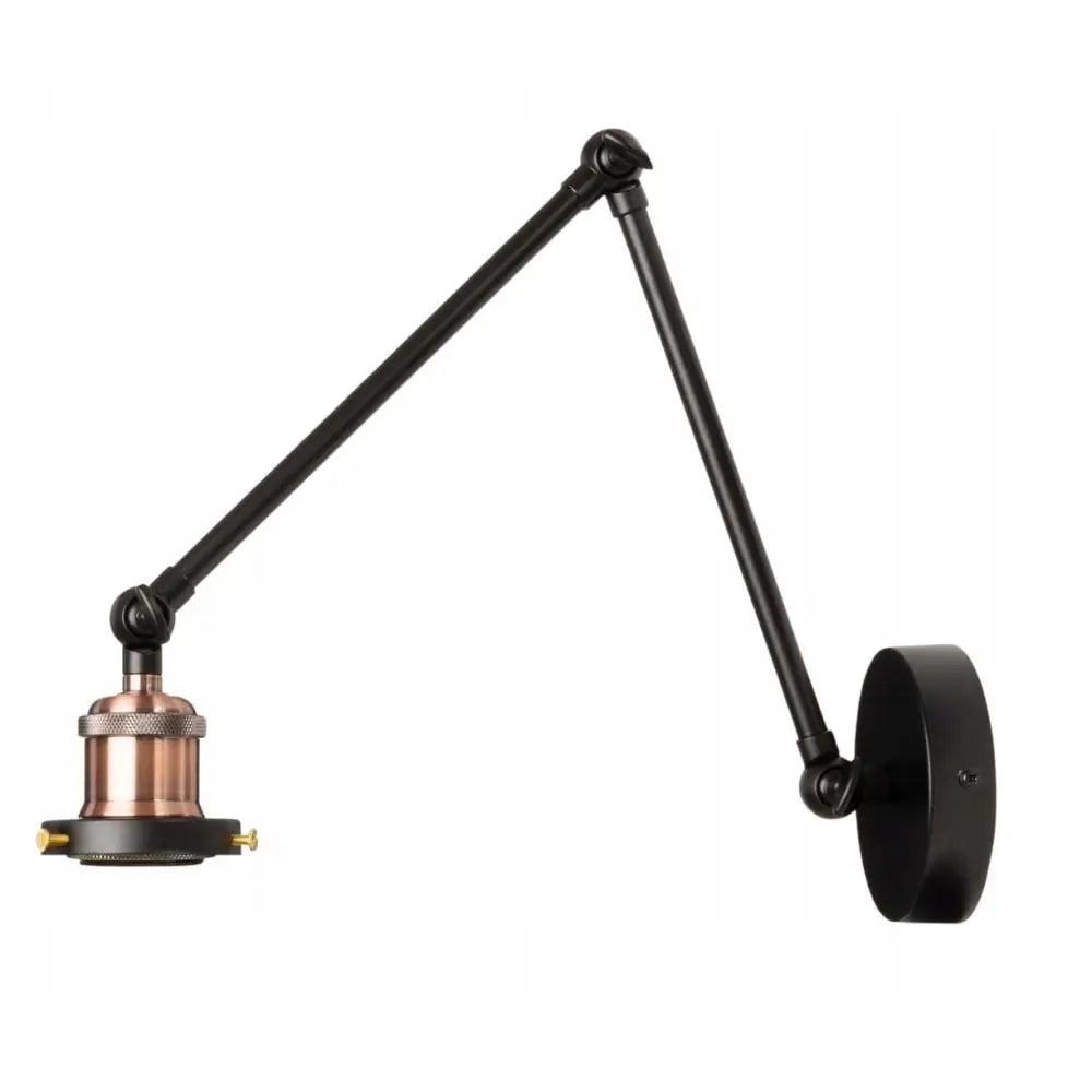 Justerbar vegglampe i svart metall med kobberdetaljer, sidevisning som fremhever de bevegelige leddene.