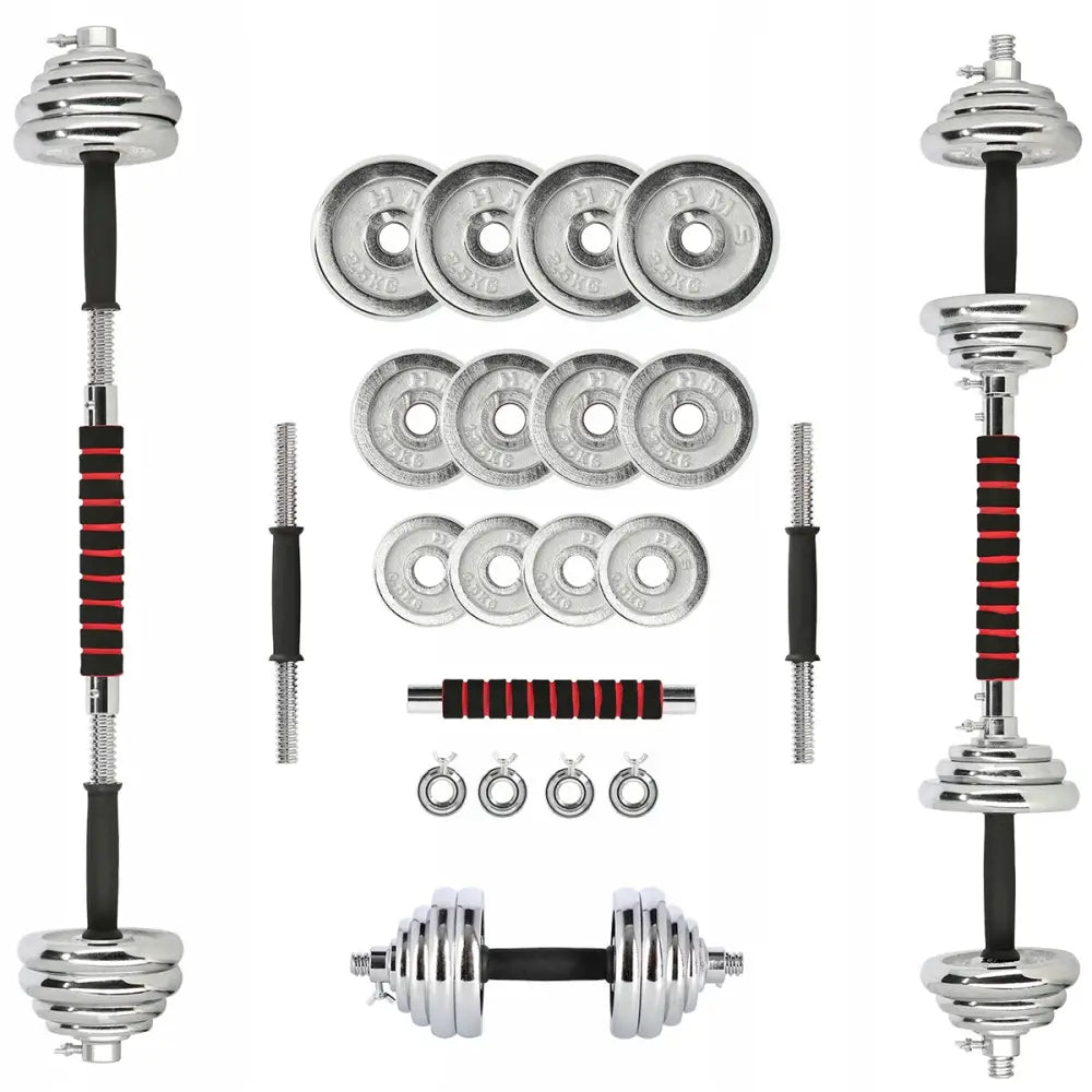 Justerbare hantler sett 20 kg med forkrommede vektskiver, svarte håndtak og røde detaljer arrangert i koffert.