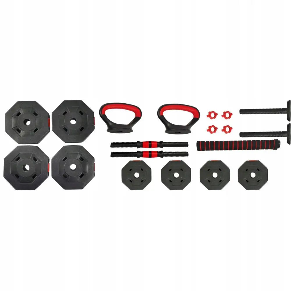 Justerbare hantler og vektstangsett, sekskantede sorte og røde vektskiver med håndtak og låser, sett ovenfra.