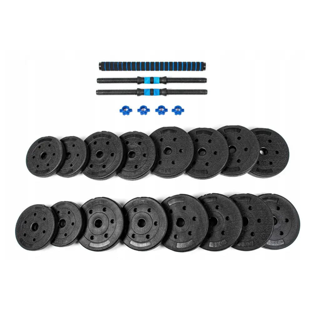 Justerbare manualer 2i1, toppbilde av sorte vektskiver, blå låser og stenger med forlengelsesdel.