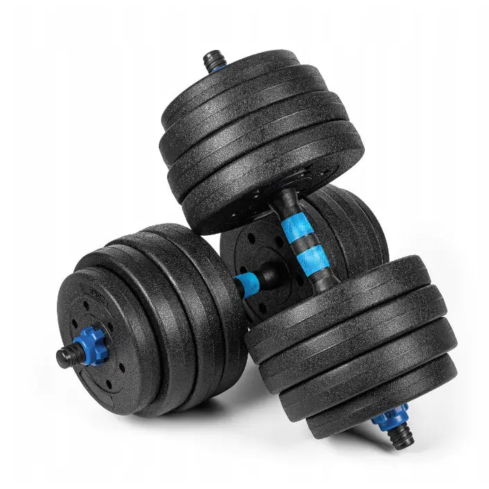 Justerbare manualer 2i1, to svarte manualer med blå grep og utskiftbare vektskiver i kryssende sideposisjon.