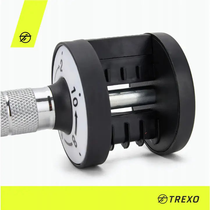 Justerbare manualer fra Trexo, nærbilde av tallskive og rillede grep for enkel vektjustering.