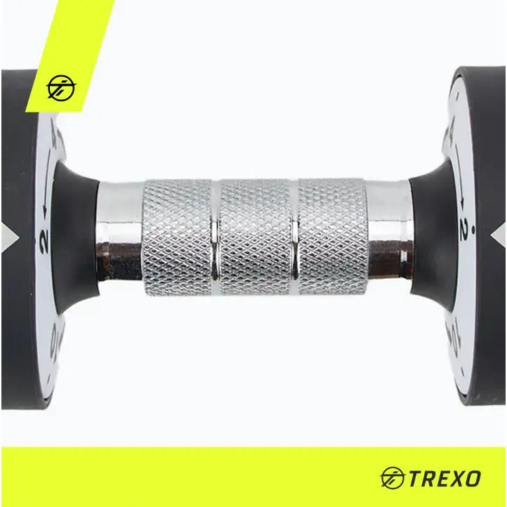 Justerbar manual fra Trexo, nærbilde av kromhåndtak med riller og sorte ender med tydelige tallmarkeringer.