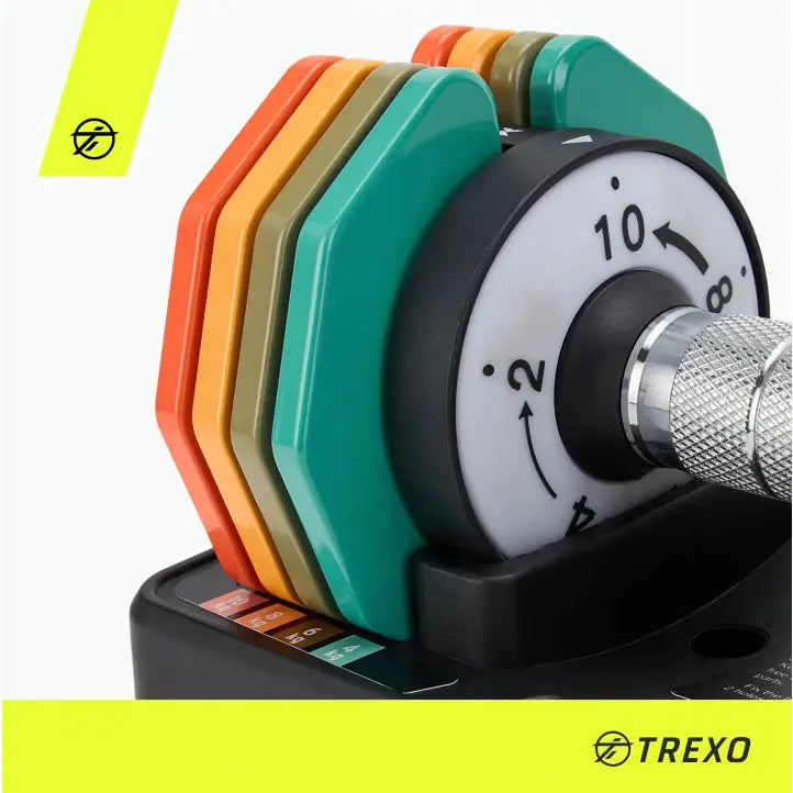 Justerbar manual fra Trexo, nærbilde som viser fargede vektskiver, vektinnstilling og metallhåndtak.