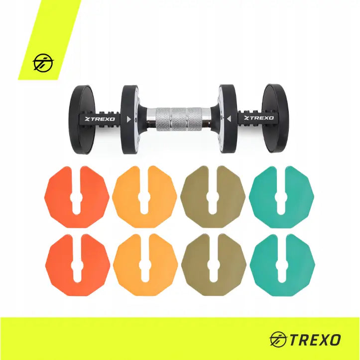 Justerbar manual fra Trexo sett ovenfra, med åtte fargerike sekskantede vektskiver arrangert under.
