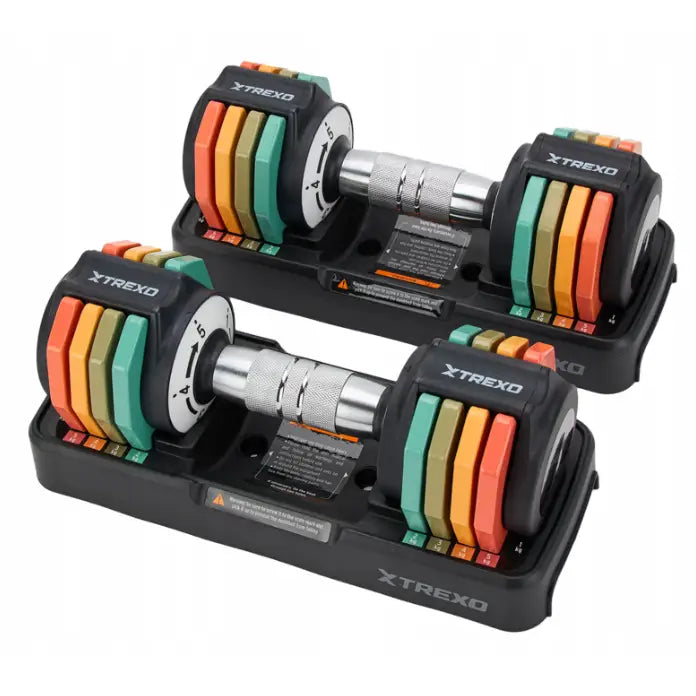 Justerbare manualer fra Trexo, sett ovenfra med oransje, gule og grønne vektskiver i sorte baser.