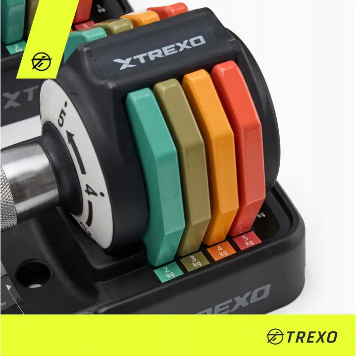 Justerbare manualer fra Trexo, nærbilde som viser fargede vektskiver og tydelig kiloangivelse på sokkelen.