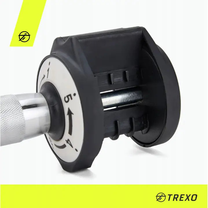 Justerbare manualer fra Trexo, detaljert nærbilde av metallhode med hvite justeringsmarkeringer fra 1 til 5.