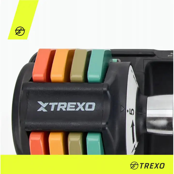 Justerbare manualer Trexo, nærbilde av sort håndtak med fargede detaljer og tydelig tallskive.