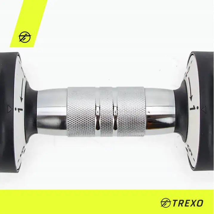 Justerbar manual fra Trexo, nærbilde av rillet metallgrep og sorte ender med synlige justeringsmerker.