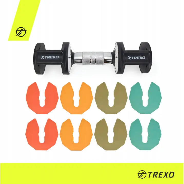 Justerbare manualer fra Trexo, sett ovenfra med sort gummi, sølvgrep og åtte fargerike plastinnsatser.