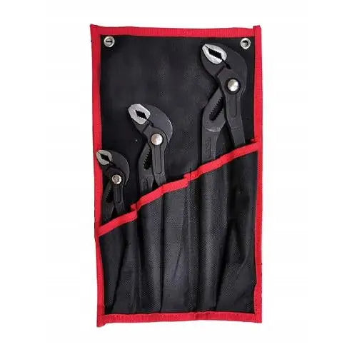 Justerbare tang med lås i tre størrelser, sort metall, lagt i svart veske med røde kanter, frontvisning.