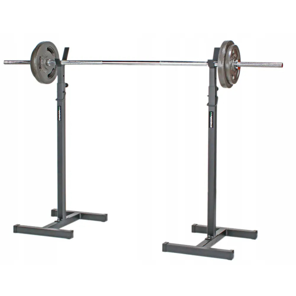 Justerbare Vektstangstativ Endorfit EH, frontbilde med vektstang og vektskiver på sort metallstativ.