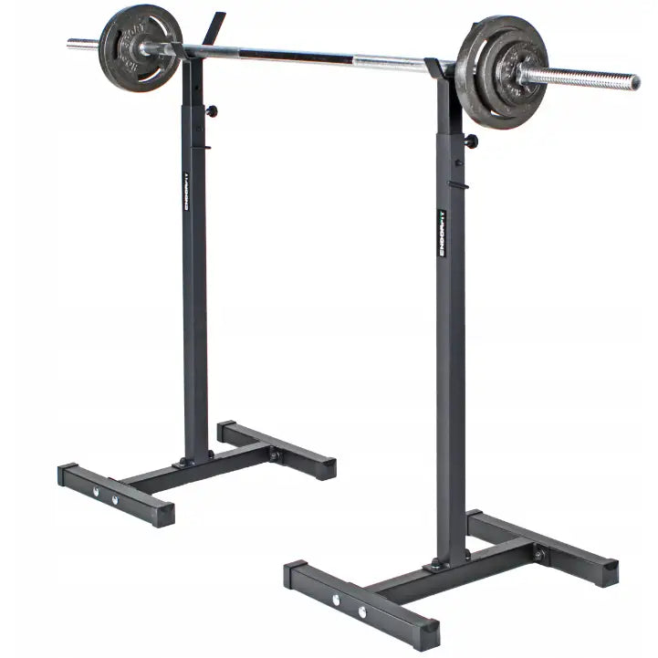 Justerbare Vektstangstativ Endorfit EH, sort metallstativ med vektstang og vektskiver sett fra skrå vinkel.