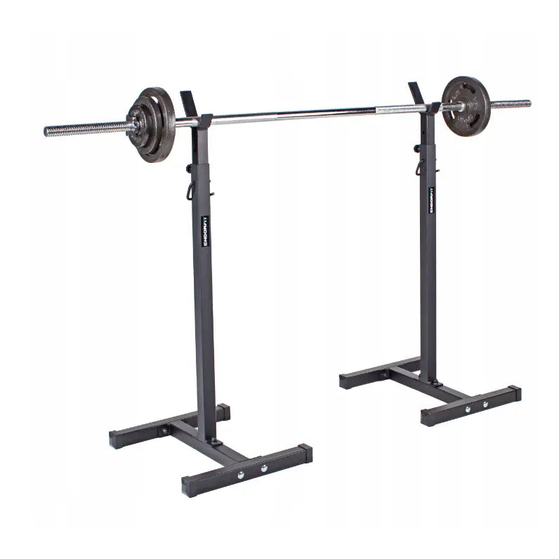 Justerbare Vektstangstativ Endorfit EH, skrå frontvisning med vektstang, vektskiver og stabile føtter.