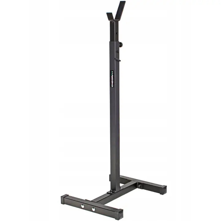 Justerbart vektstangstativ Endorfit EH, sidevinkel som viser Y-formet topp og robust metallbase for treningsutstyr.
