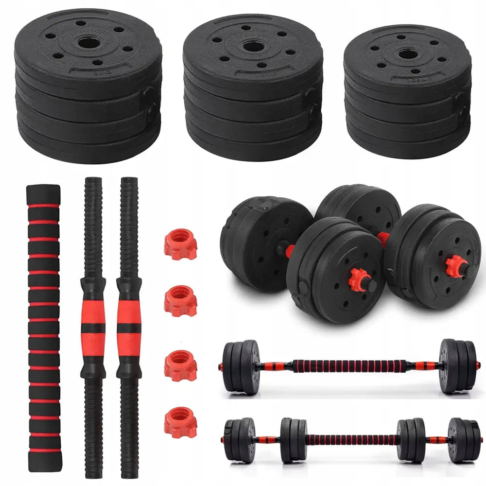 Justerbart hantelsett med svarte vektplater, stenger og røde låser, vist både samlet og adskilt mot hvit bakgrunn.