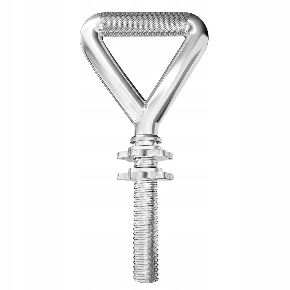 Justerbart kettlebell håndtak, trekantet metall med rillet grep og synlige muttere, sett rett forfra.