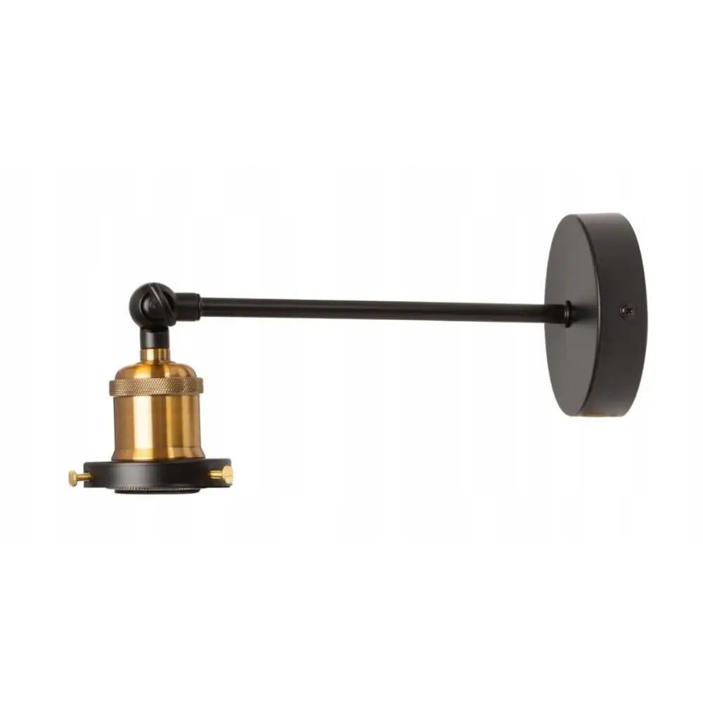 Justerbar vegglampe i svart metall med messingfarget sokkel, sidevisning av feste og lampeholder.