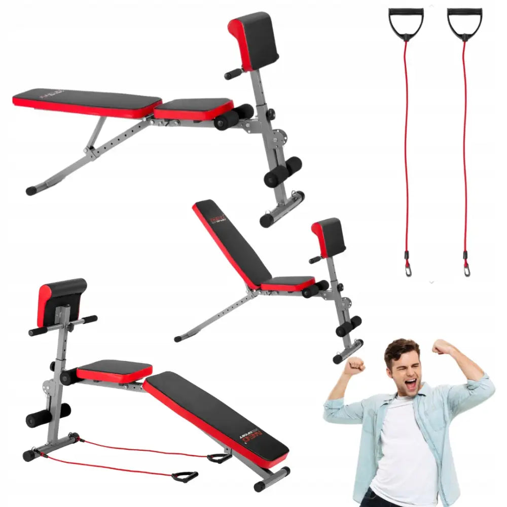 Justermbar treningsbenk med predikantstol Neo i sort og rødt, inkludert treningsstrikker og glad bruker.