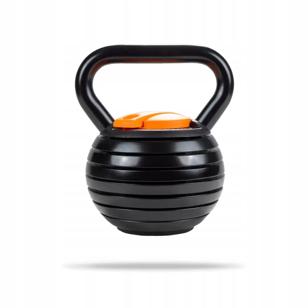 Justérbar kettlebell for hjemmetrening, frontvisning med oransje toppdetaljer og utskiftbare vektskiver.