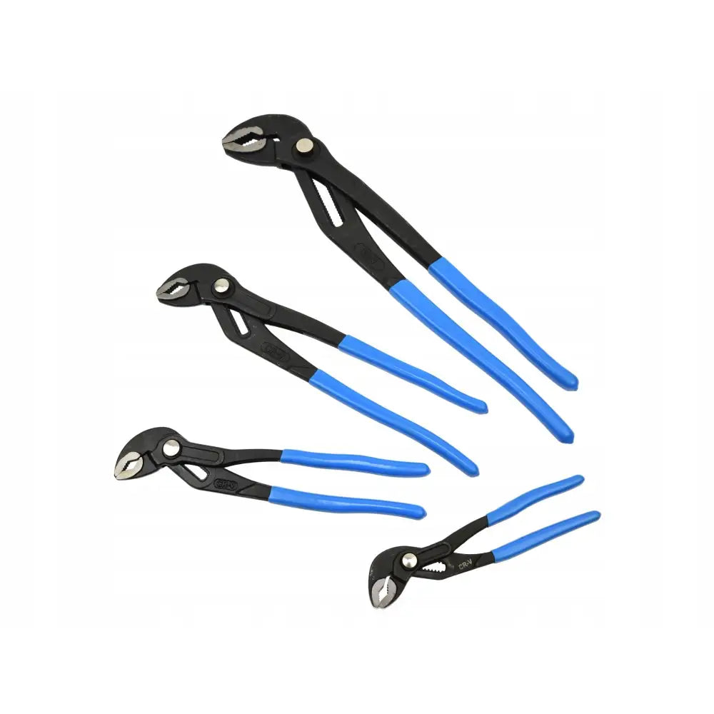 Justervare rørtenger sett med fire svarte vannpumpetenger i ulike størrelser og blå håndtak, skrå oversikt.