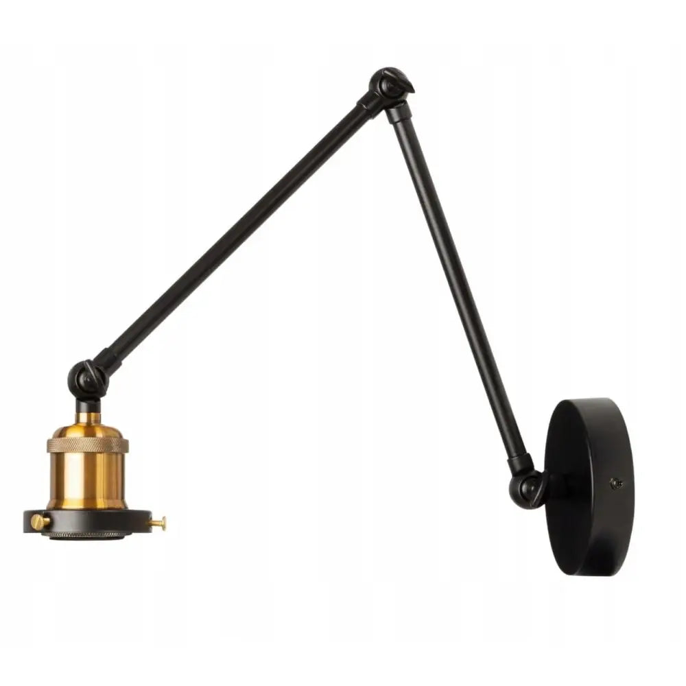 Justervbar vegglampe i svart og messing, metallarm med ledd og rund veggfeste, uten skjerm.