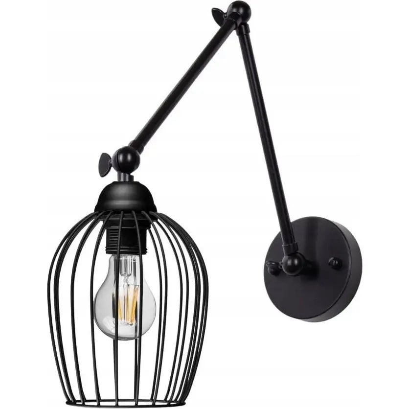 Svart vegglampe i metall med oval burformet skjerm, synlig lyspære og justerbar arm, sidevisning.