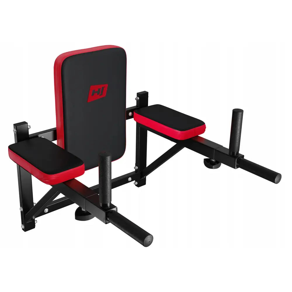 Justervesenbare veggmonterte treningshåndtak med røde og svarte polstrede puter, skrå frontvisning mot hvit bakgrunn.