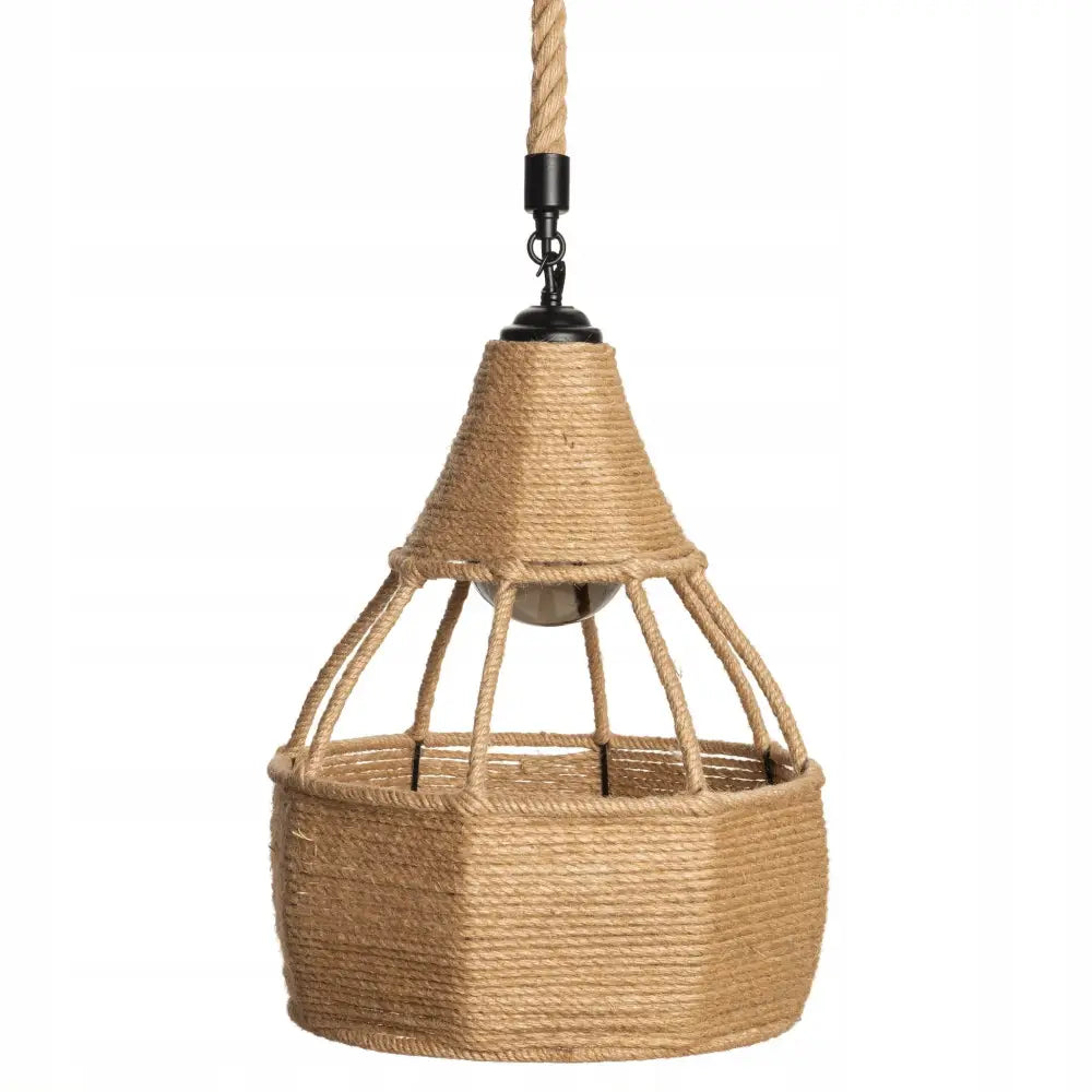 Jute taklampe Dewa Boho, konisk design i naturfarget tau med åpning i bunnen og svarte metalldetaljer øverst.